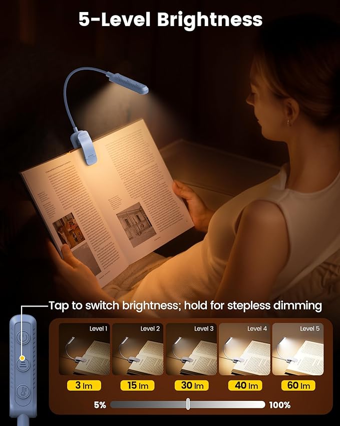 Glocusent 13 LED Rechargeable Book Light for Reading at Night, Eye-Caring 3 Amber Colors & Stepless Dimming, Lasts 1 Week to 2 Months, Travel Clip on Lamp, Gifts for Book Lovers, Men, Women & Kids