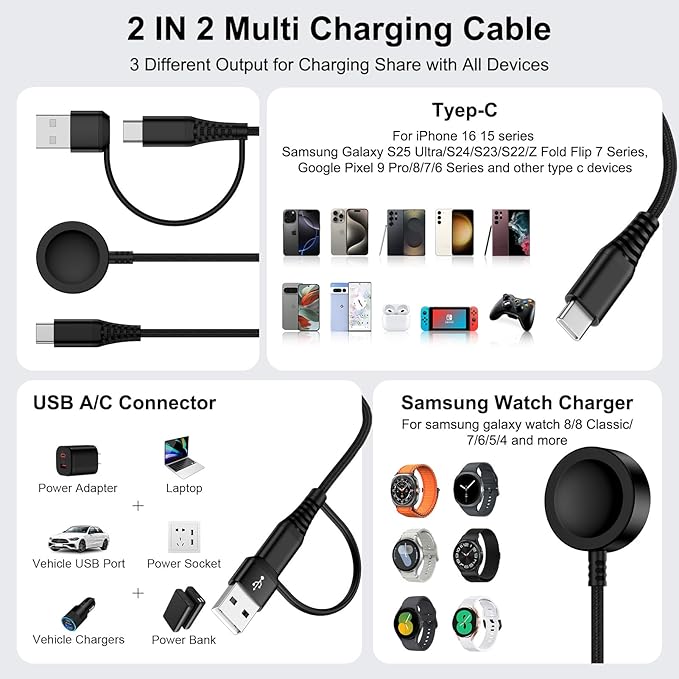 for Samsung Watch Charger Fast Charging Compatible Galaxy Watch 8/8 Classic/7/Ultra/6/5 Pro/5/4,2 in 2 USB C/A Samsung Phone Charger 6ft with 20W Dual Charging Block for Galaxy A17/A36/A56/S25 Ultra