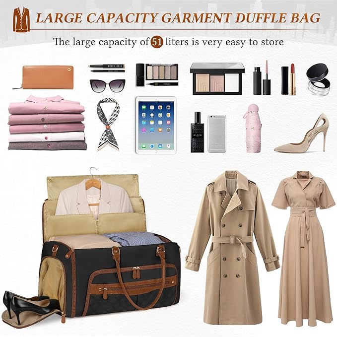 RAINSMORE 2-in-1 Convertible Garment Bag for Travel, 51L Garment Duffel Bag with Hanging Clothes, Carry-On Garment Bag with Shoe Pocket, Foldable Suit Travel Bag, Weekender Bag - Business Trips