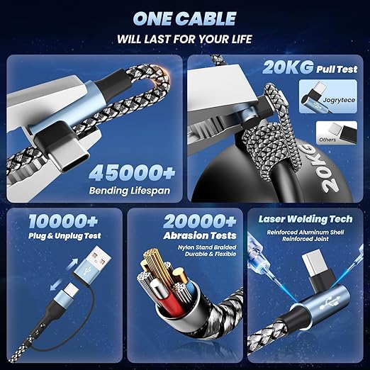 Travel Essentials 90 Degree Multi Charging Cable, 5FT 2Pack Nylon USB A/C Cord Right Angle 4 in 2 Charging Cable, USB Cable Charger Cord with Dual Type -C/Micro/L Port for iPhone 17 16 Galaxy S25 iPad