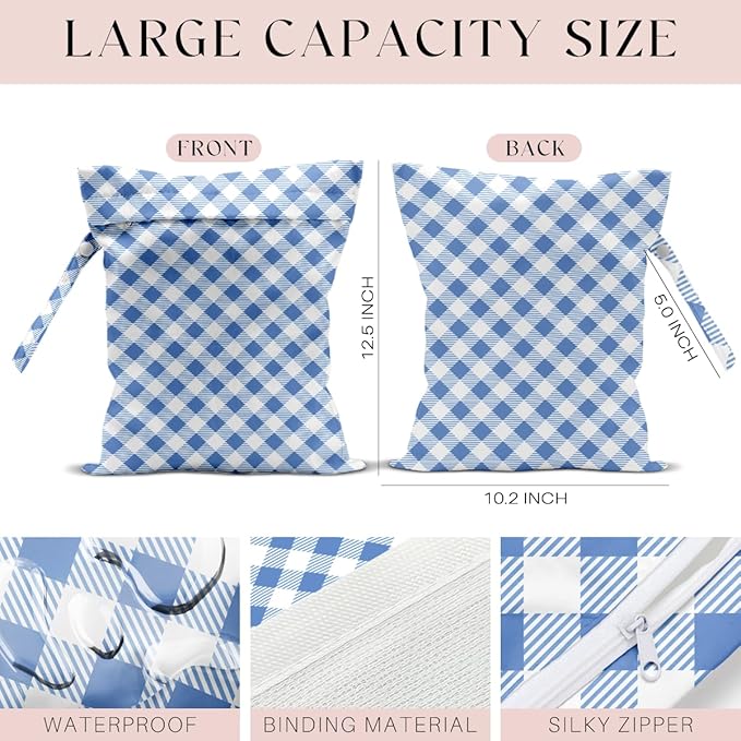 Wet Bag, 4Pcs Wet Dry Bag Set, Waterproof Reusable Bags with Gingham Plaid for Women, Suitable for Beach Trips, Pool Activities, Travel & Daily Organizing