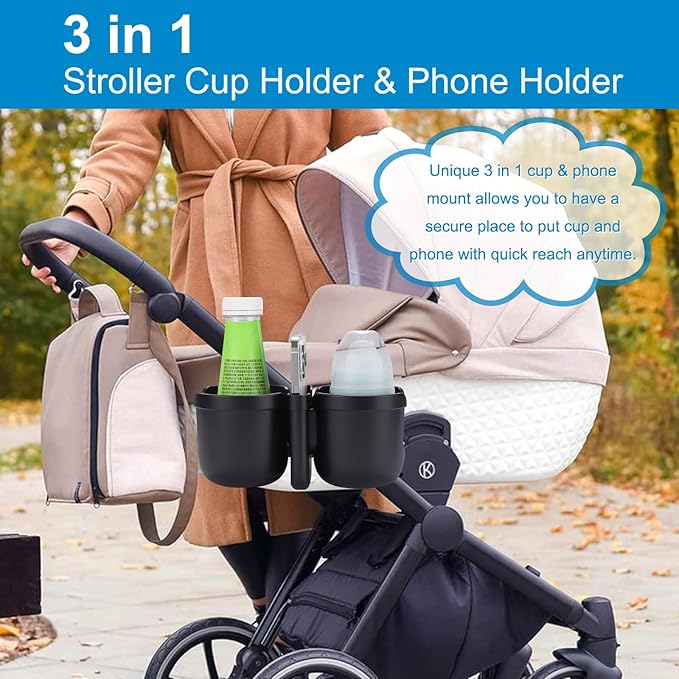 Accmor Stroller Cup Holder with Phone Holder, Bike Cup Holder, Universal Cup Holder for Uppababy Nuna Doona Strollers, 2-in-1 Cup Holder for Walker, Wheelchair, Scooter