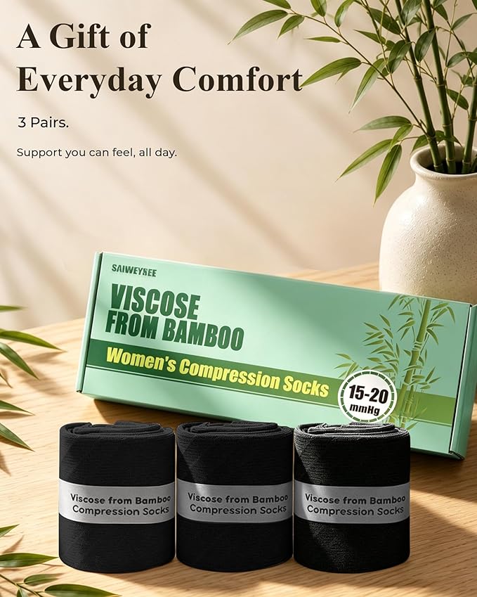 Compression Socks for Women 15-20 mmHg, Viscose from Bamboo, 3-Pair Knee High for Flying, Work & All-Day Comfort