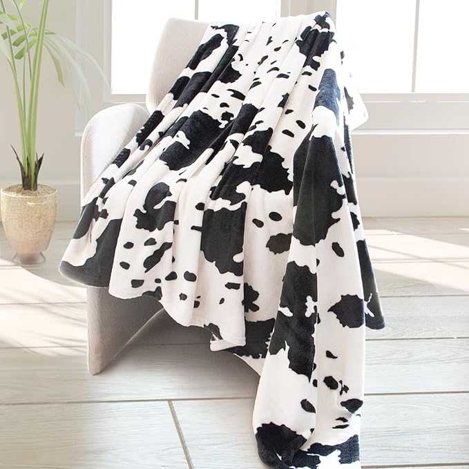 Cow Print Blanket Warm Plush Cute Black Cow Throw Blanket Soft Fleece Flannel Lightweight Throw Blankets Sofa Couch Bed Travel Cow Bedding Room Decor for Kids Teens Adults 40"x50"
