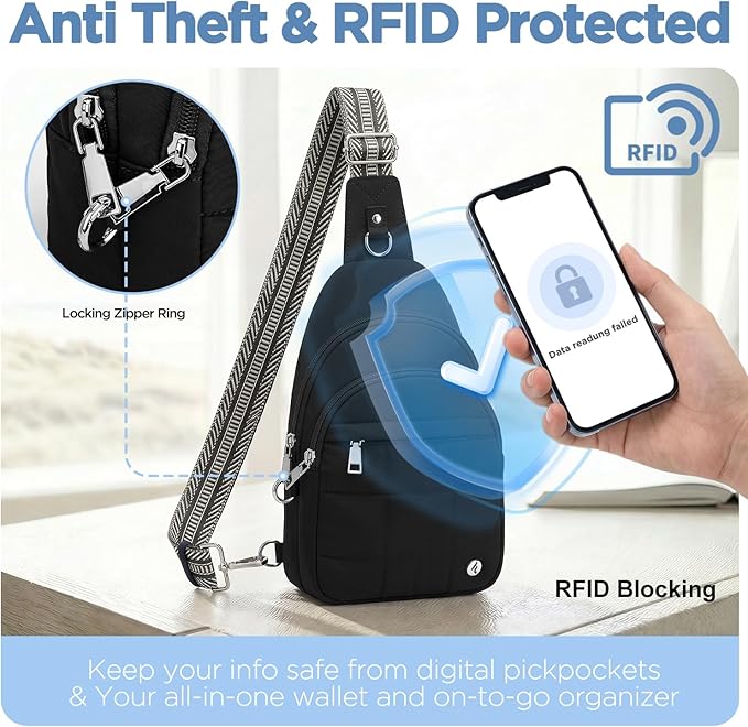 Anti Theft Sling Bag for Men & Women, Lightweight Puffer RFID Crossbody Bag for Travel, Commuting & City Walking, Hands-Free Everyday Essentials Bag Black
