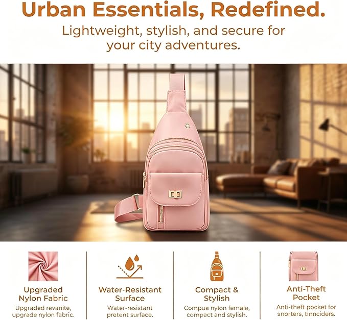 Sling Bag Small Compact Crossbody Bags for Women Anti-Theft Multiple Pockets Waterproof Fanny Pack for Travel Hiking Daily Pink