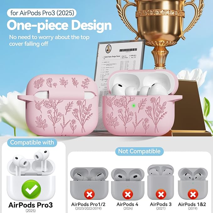 Ekoonpft for Airpods Pro 3 Case, Flower Engraved Cases for Apple AirPods Pro 3rd Generation 2025, Soft Silicone Cover for Men Women Girly with Cleaning Kit & Keychain, Anti-Scratch, Shockproof