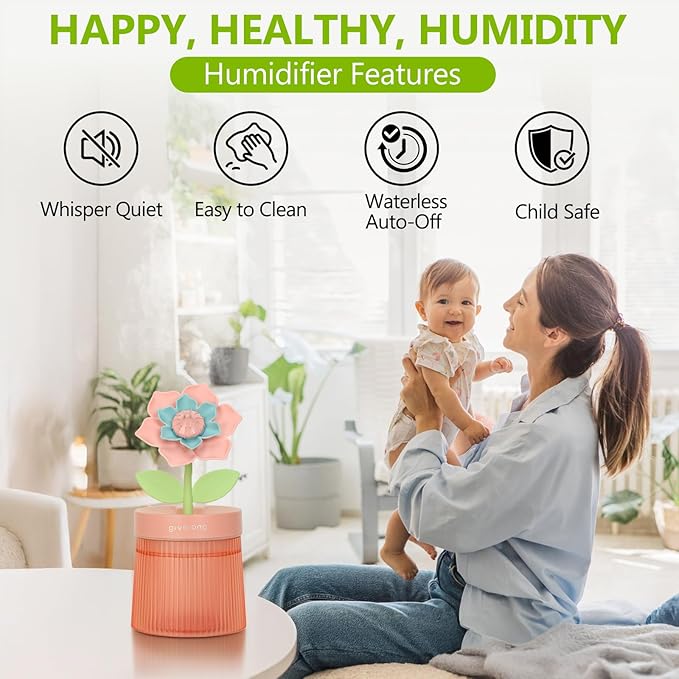 260ml Flower Mini Humidifier, Pink Gardenia Desktop Small Humidifiers, Personal Cool Mist Humidification, USB Desk Humidifier for Bedroom, Office, Travel & Indoor Plants
