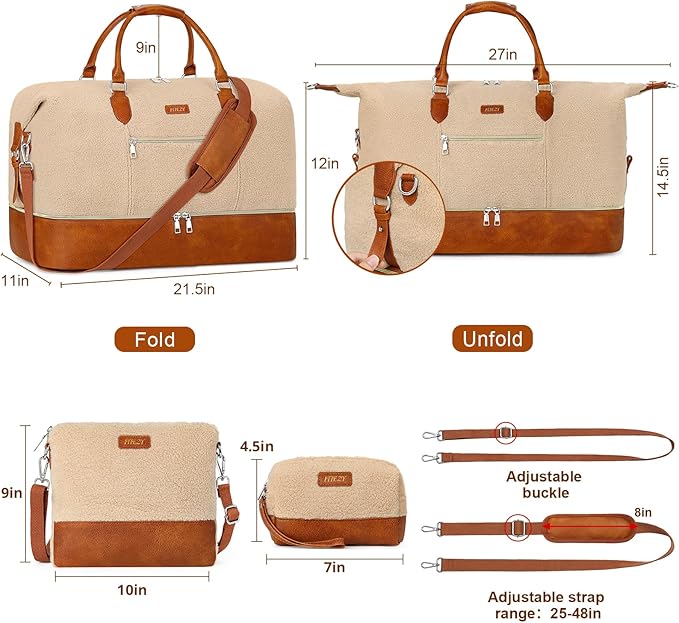 ITIEZY Weekender Overnight Bag for Women - Large Travel Duffel Bag with Shoe Compartment, Gym Duffel Bag Hospital Bag Carry On Tote Bags for Airplanes with Crossbody Bag Toiletry Bag 3Pcs Set