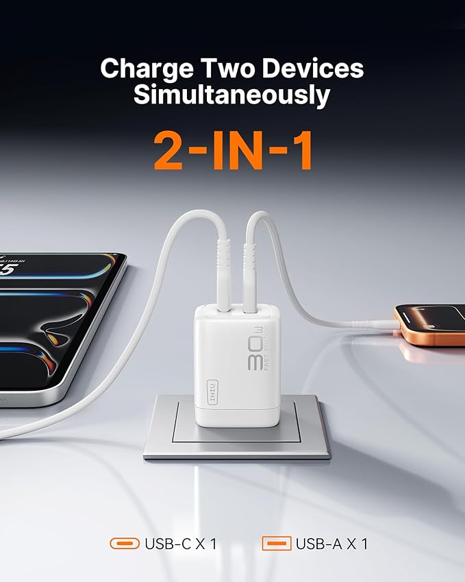 INIU Mini USB C Charger, 30W GaN Fast Charging ETL Certified Wall Adapter Block with Samrt Phone Protection, Dual Port with 5ft Type C Cable for iPhone 17 iPad Samsung Google Switch etc [2-Pack White]