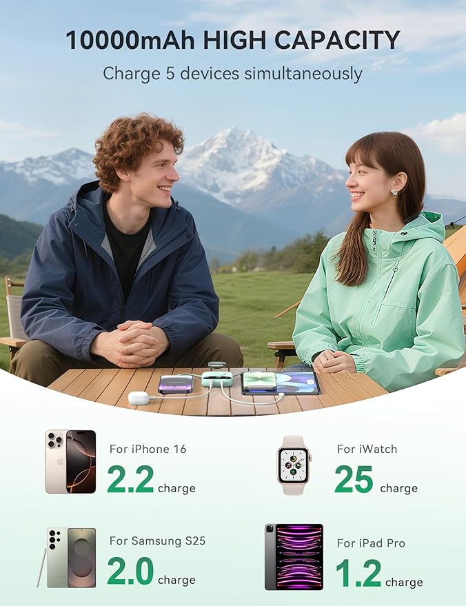 citicr Portable Charger, 10000mAh 22.5W Fast Charging Power Bank with Built-in Cables, Travel Battery Pack with LED Display for iPhone, Portable iWatch Charger for 11/10/9/8/7/6/5/4/SE/Ultra Green