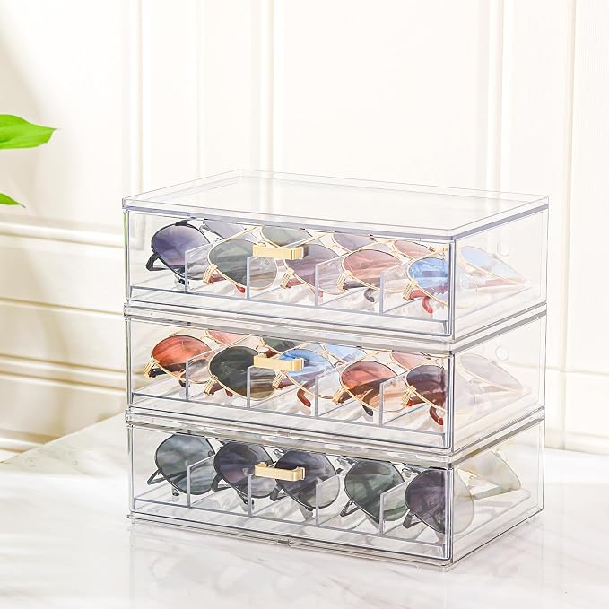 LALOBLUE Clear Acrylic Sunglasses Organizer, Stackable Eyeglass Storage Case with Gold Handles, Glasses Display Holder