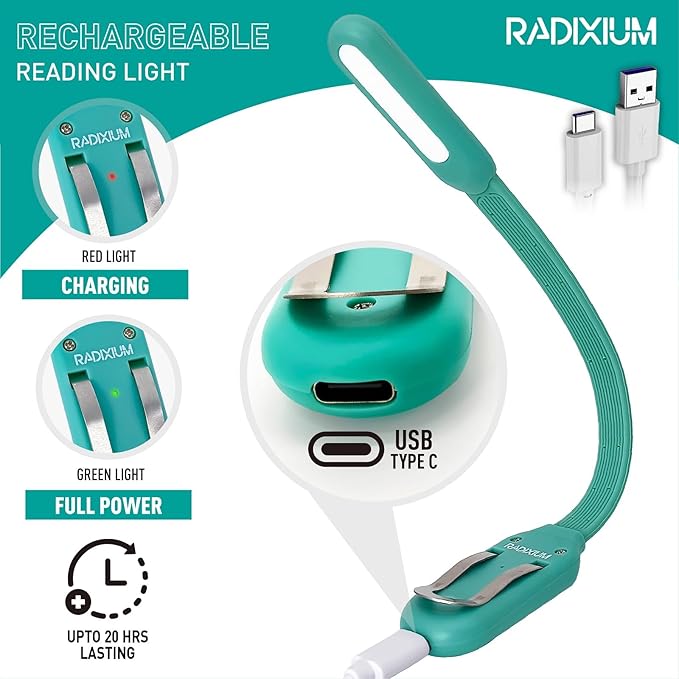 Rechargeable Book Light for Reading in Bed, 4 Color Temperatures Eye-Caring LED, Portable Clip On Reading Light with Magnetic Base, Hands-Free for Travel, Night Reading (Green)