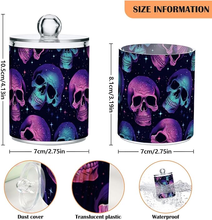 2 Pack Qtip Holder Organizer Dispenser Neon Skulls Bathroom Storage Canister Cotton Ball Holder Container for Cotton Pads/Swabs/Floss
