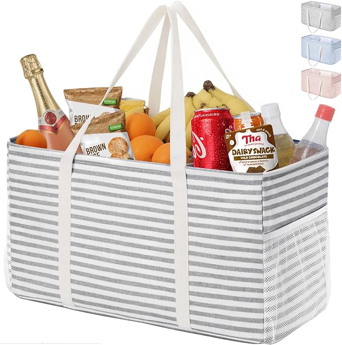Lifewit Extra Large Tote Bag, Reusable Grocery Bags with Metal Wire Frame and Handles, Standing Utility Foldable Shopping Bags for Storage, Picnics, Beach, Laundry, Car, 46L, 1 Pack, Gray