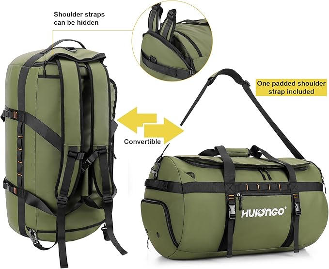 Hulongo 40L/60L/90L Large Waterproof Duffle Bag Backpack for Men, Mens Duffel Backpack Bags for Traveling, Heavy Duty (Green, 40L)
