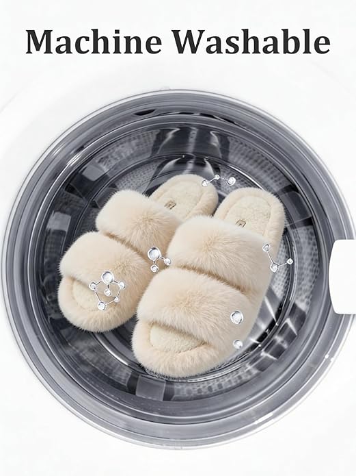 FamilyFairy Women's Fluffy Faux Fur Slippers Comfy Open Toe Two Band Slides with Fleece Lining and Rubber Sole