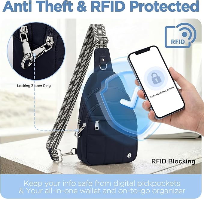 Anti Theft Sling Bag for Men & Women, Lightweight Puffer RFID Crossbody Bag for Travel, Commuting & City Walking, Hands-Free Everyday Essentials Bag Dark Blue