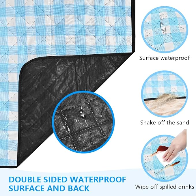 OBTANIM Extra Large Picnic Blanket 80 x 80 Inch Waterproof Foldable Beach Blankets Outdoor Picnic Mat for Camping Grass Lawn Park Music Festival Party Accessories (Blue and White)