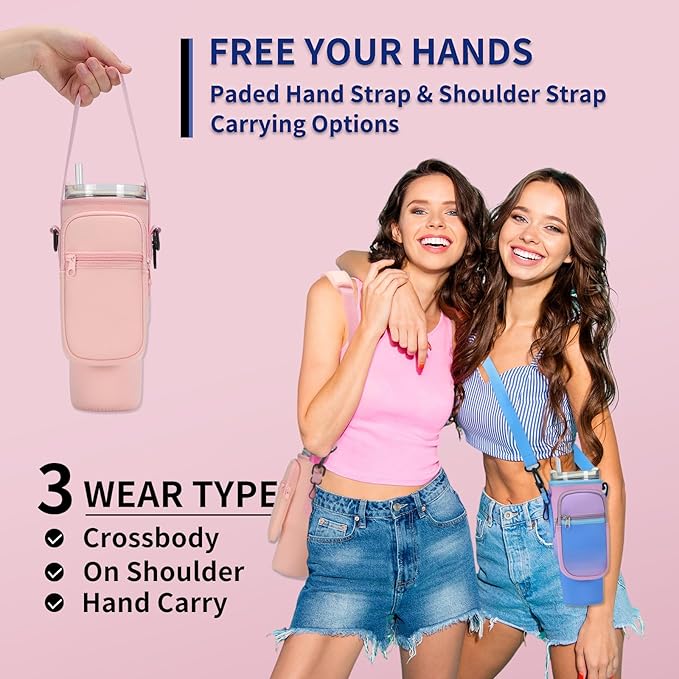 GOEWY Water Bottle Carrier Bag for Stanley 40/30 oz Tumbler with Phone Pocket Neoprene Water Bottle Holder with Shoulder & Handheld Strap Stanley Cup Accessories