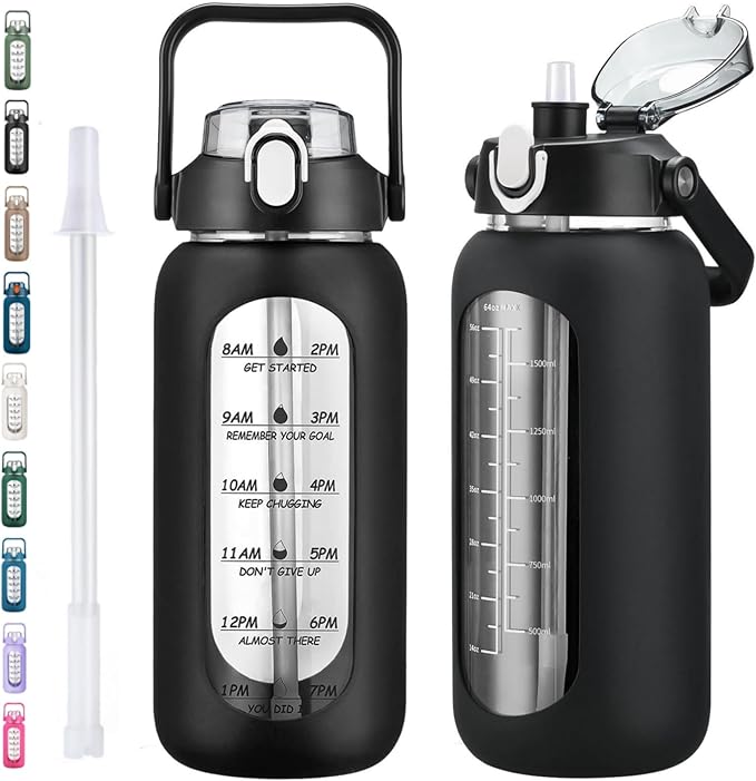 64oz Glass Water Bottles with Straw, Half Gallon Motivational Glass Bottle with Silicone Sleeve and Time Marker, 2L Leakproof Large Glass Water Jug for Gym Home Office,Black