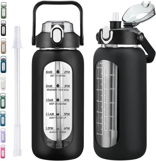 64oz Glass Water Bottles with Straw, Half Gallon Motivational Glass Bottle with Silicone Sleeve and Time Marker, 2L Leakproof Large Glass Water Jug for Gym Home Office,Black