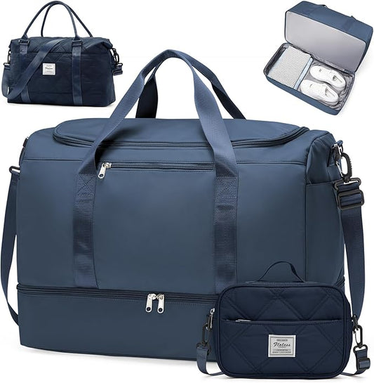 Extra Large Travel Duffle Bag,Carry on Overnight Bag with Shoes Compartment,Weekender Bags for Women for Travel Business Trips Sport Hospital,3 Pcs Set,Dark Blue
