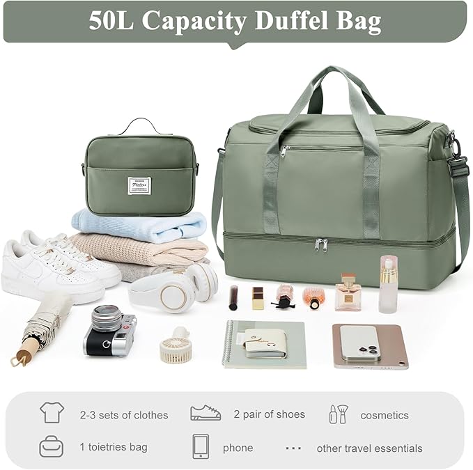 Large Travel Duffle Bag with Shoe Compartment, Weekender Bags for Women, Carry On Overnight Bags for Gym Sports & Business Trips, Water-Resistant Hospital Bag for Labor and Delivery,Green