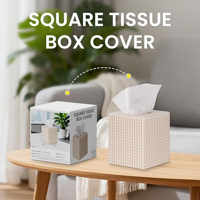 Tissue Box Cover, Square Modern Facial Acrylic Tissue Holder, Aesthetic Cube Napkin Dispenser Accessories for Bathroom Vanity Countertop, Night Stand, Office Beige