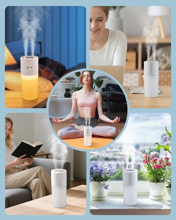 Dual-spray 400ml Mini Humidifier for Desk - Portable Rechargeable Personal Desktop Humidifiers for Office Car Travel Plants Bedroom Baby, Auto Shut-Off, 2 Mist Modes, Super Quiet, White