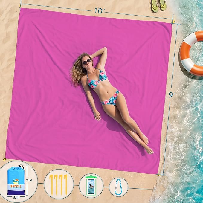 BYDOLL Beach Blanket Waterproof Sandproof Large Sand Free,78''X81''/10'X9' Oversized Sandless Lightweight Blanket Picnic Mat for Beach Travel Camping Hiking with Stakes