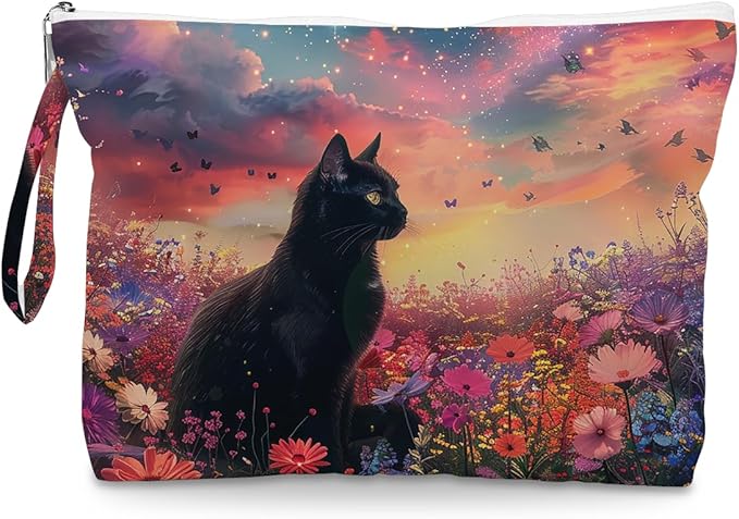 Fokongna Black Cat Print Wet Bag, Small Portable Waterproof Multi-Functional Organizer for Women, Sunset Galaxy Floral Black Cat, Ideal for Daily, Beach & Travel