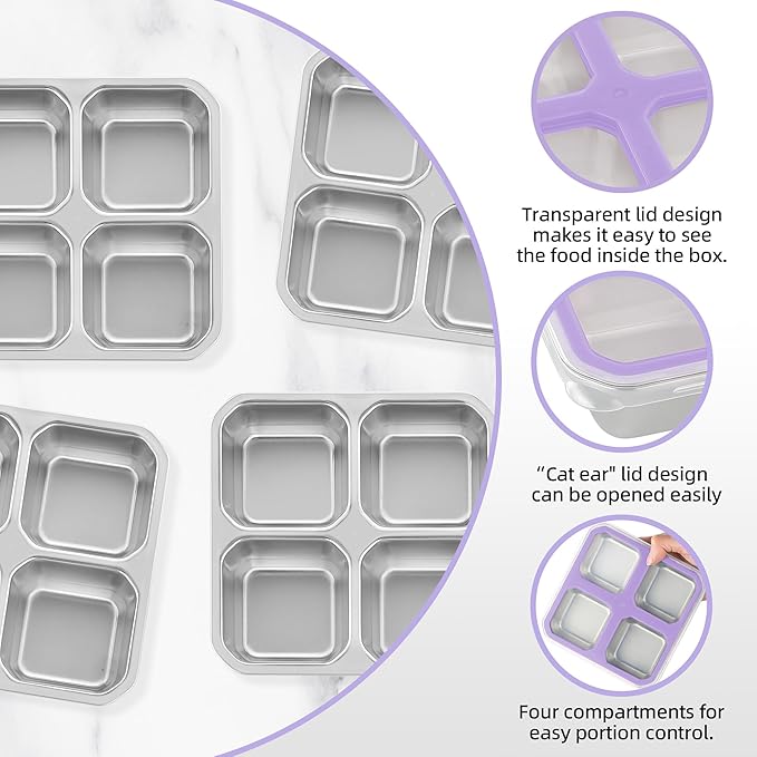 BEFOY 4 Pack Stainless Steel Snack Containers with Lids 4 Compartment Food Storage Containers for Adults & Kids Meal Prep Containers Reusablele (Purple, 4)