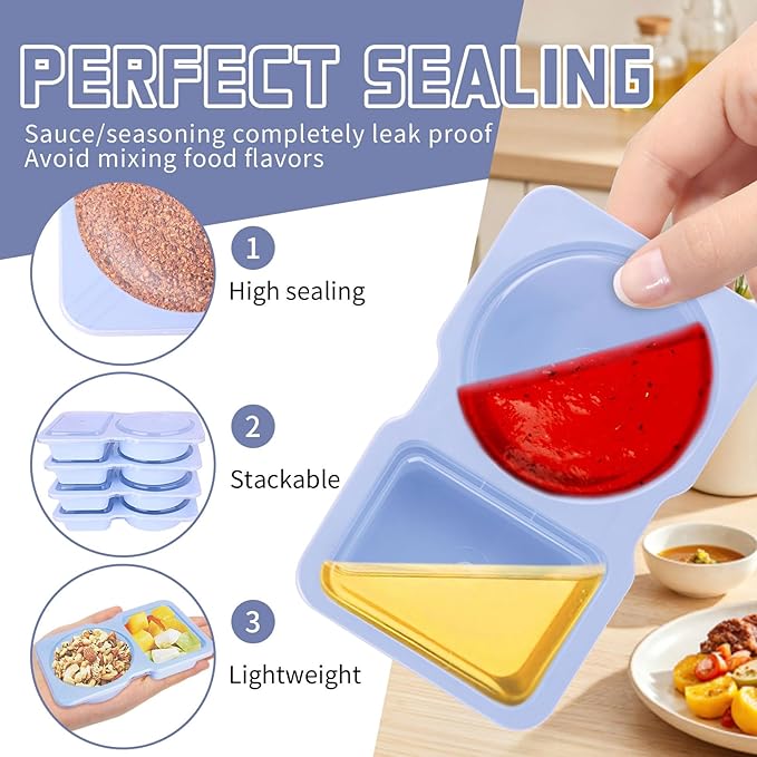 20 Pack Reusable Snack Containers with Lids - Double Compartment Condiment Snack Pack Containers with 20 Forks, Microwave Safe Portion Control Containers for Meal Prep, Take-out, Party & Travel(Blue)