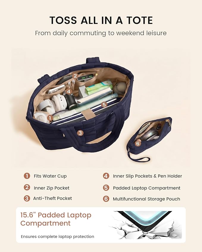 LOVEVOOK Laptop Tote Bag for Women, 15.6 Inch Large Puffer Work Computer Tote Bags for Teacher Nurse, Quilted Women's Purse Tote Shoulder Handbags with Zipper for Travel College Office, Light Purple