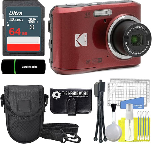 Kodak PIXPRO FZ45 16MP Digital Camera 4X Optical Zoom 27mm Wide Angle 1080P Full HD Video 2.7" LCD Camera (Red) + 64GB Card and Reader + Case + Memory Wallet + Tripod + Cleaning Bundle