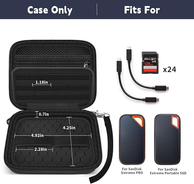 PAIYULE Case Compatible with SanDisk Extreme new and Old Model/Extreme PRO Portable SSD 500GB 1TB 2TB 4TB 8TB, Hard Travel Storage Case Holds 2 SSDs, 12 SD Card Slots, Cable Organizer, Black