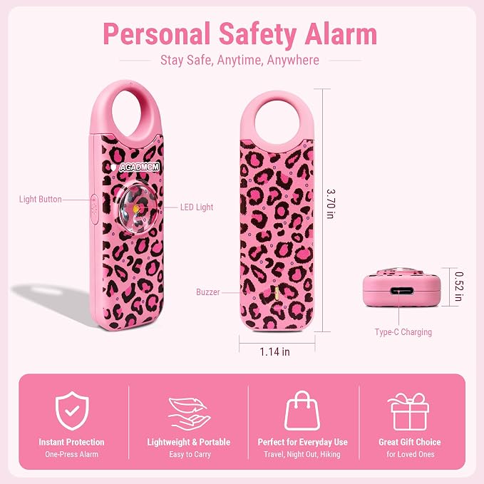 Rechargeable Personal Safety Alarm, 130dB Emergency Siren with LED Flashlight, Portable Keychain for Women, Kids, Elderly, Night Running & Travel (Cheetah)
