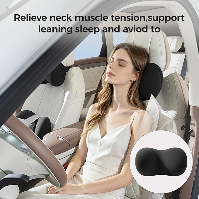 BABUR Car Headrest Pillow, 100% Memory Foam Softness Neck Support Pillow, Universal Fit Head Rest Travel Pillow for Pain Relief While Driving, Breathable Washable Cotton Fabric (Black)