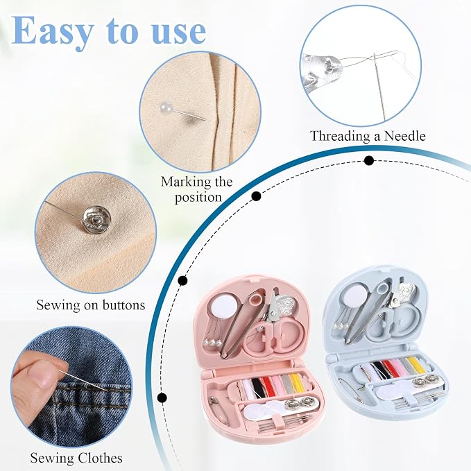 Jeffdad 2 Pcs Mini Travel Sewing Kit, Portable Emergency Sewings Kit Compact Sewing Repair Box Kits Travel Size Sewings Box with Buttons Threads Scissors Needles Tweezers Button Pin