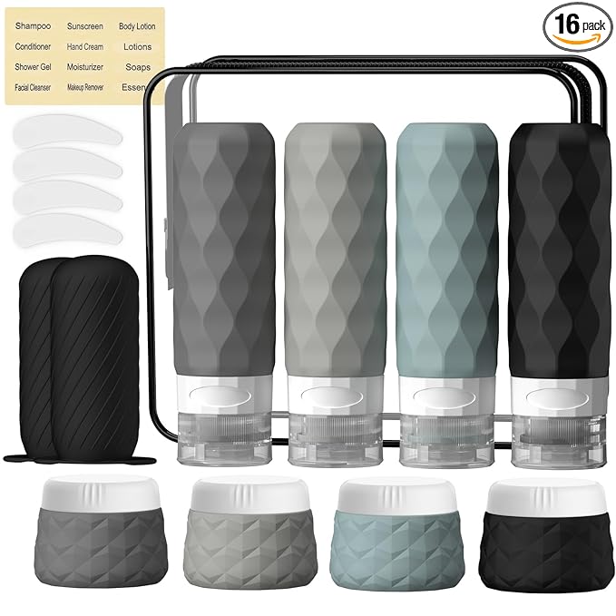 16Pack Travel Bottles for Toiletries, TSA Approved Travel Size Toiletries Containers Set, Silicone Leak Proof Refillable Bottles Elastic Sleeves Creams Jars Accessories Kit W/Clear Bag (Gray)