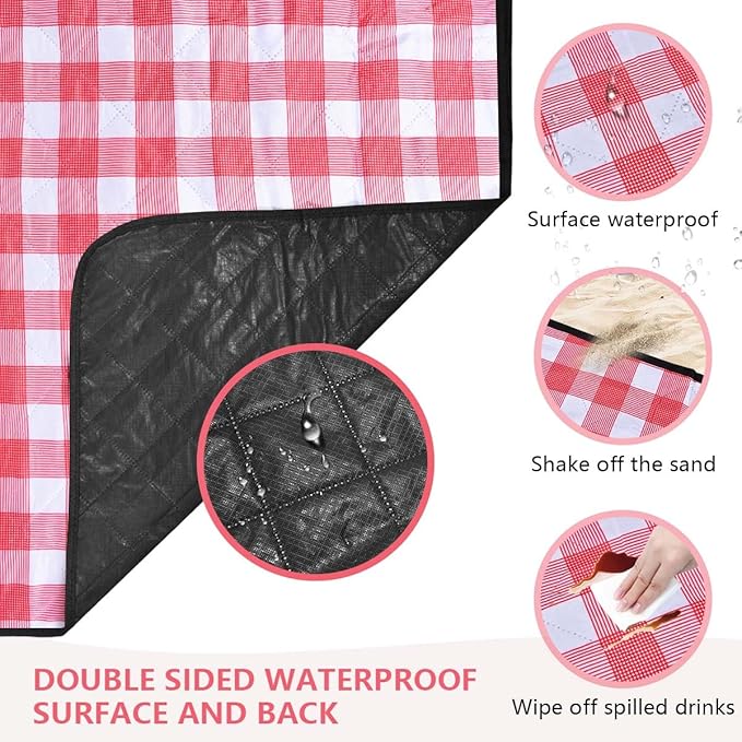 OBTANIM Extra Large Picnic Blanket 80 x 80 Inch Waterproof Foldable Beach Blankets Outdoor Picnic Mat for Camping Grass Lawn Park Music Festival Party Accessories (Red and White)