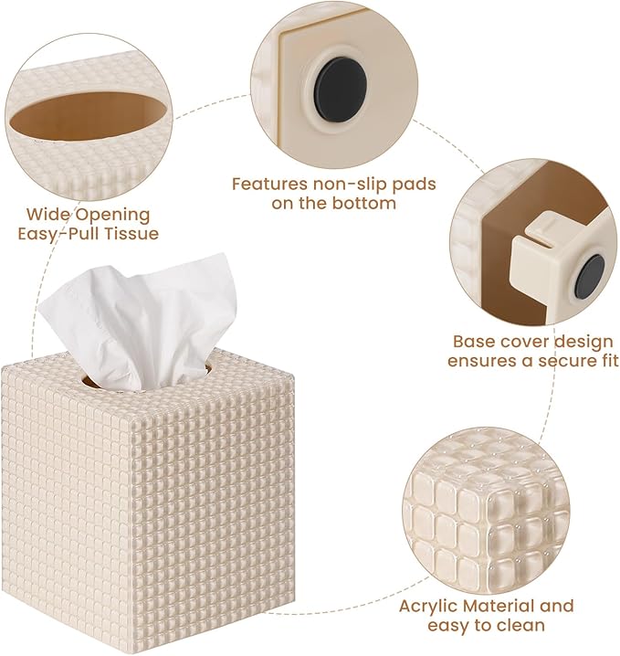 2 Pack Tissue Box Cover Beige, Square Acrylic Tissue Holder, Decorative Facial Tissue Box Vessel Cube Paper Organizer Dispenser for Bathroom Office, Night Stand, Desk, Car, Vanity, Countertops