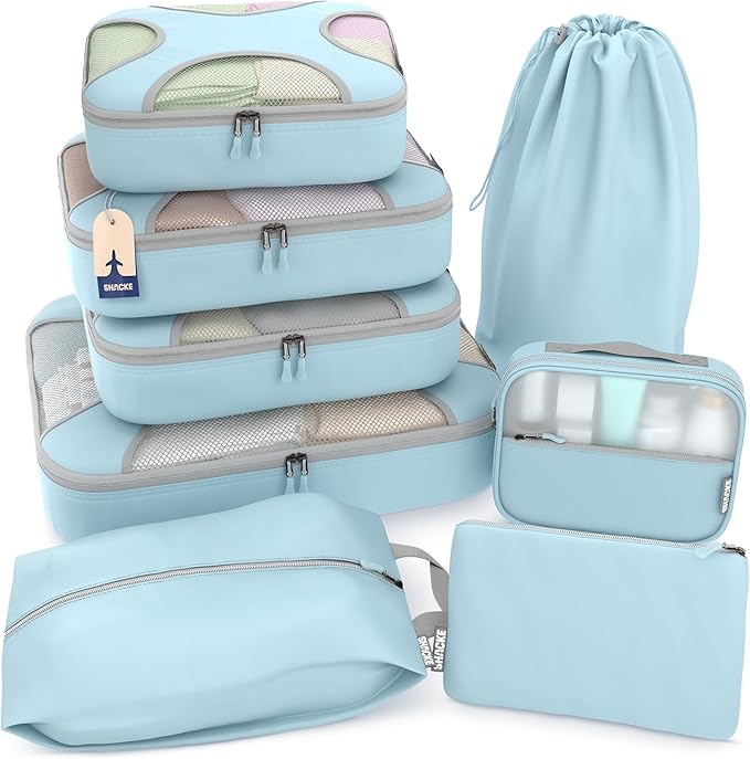 Shacke 8 Set Packing Cubes for Travel – Complete Luggage Organizer Set with Laundry, Shoe, Toiletry & Accessories Bag, Suitcase Travel Organizer (Sky Blue)