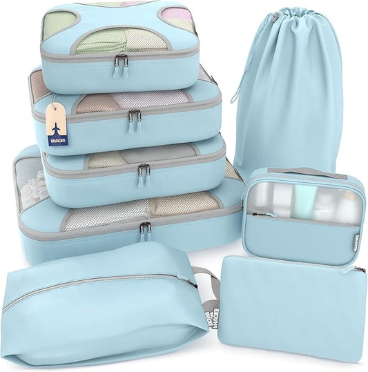 Shacke 8 Set Packing Cubes for Travel – Complete Luggage Organizer Set with Laundry, Shoe, Toiletry & Accessories Bag, Suitcase Travel Organizer (Sky Blue)