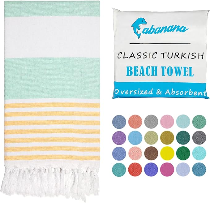 cabanana Turkish Beach Towel Oversized - 40"x70" Quick Dry Sand Free Thin Beach Towels for Adults,Extra Large Cotton Lightweigh Travel Towel for Beach Accessories (Aqua Yellow)