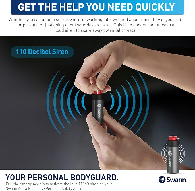 Swann ActiveResponse Mobile Personal Safety Alarm - 110dB Loud Emergency Siren with SMS Alerts & Mobile Connectivity, Long Battery Life, Smart SOS Safety Alarm, Key Chain, MPRS