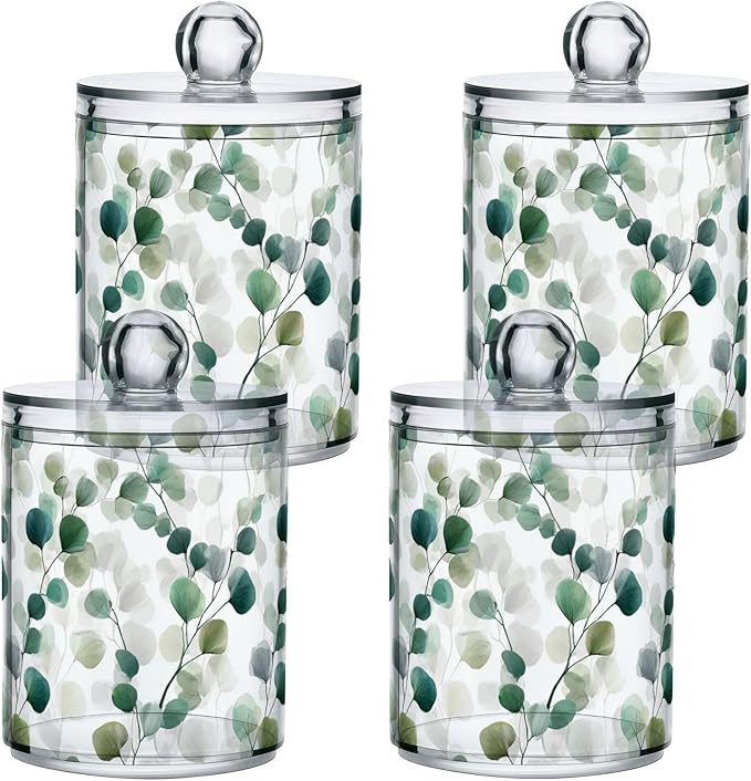 Gredecor Qtip Holder Dispenser 2 Pack Green Watercolor Floral Leaves Apothecary Jars with Lids Bathroom Vanity Countertop Canister Storage Organizer for Cotton Ball,Swabs,Pads,Floss