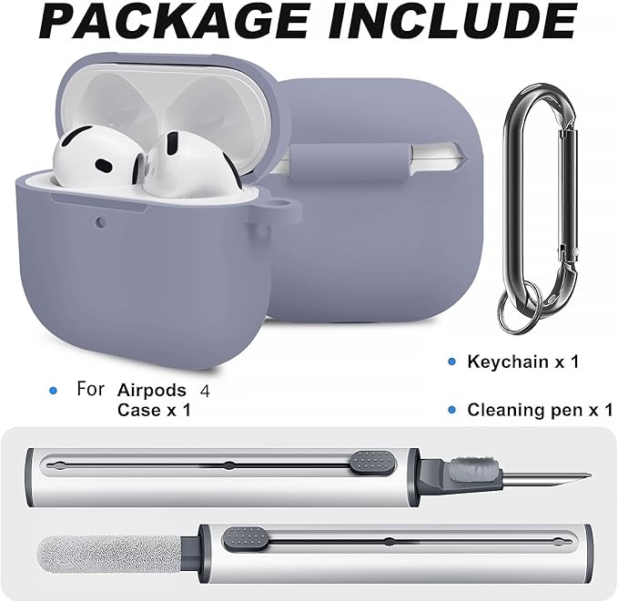 for Airpods 4th Case Cover, Come with Cleaner Kit,Soft Skin Silicone Case Cover with Keychain, Full Protective Case for Men and Women, Compatible with AirPods 4th Generation Case,Grey Blue