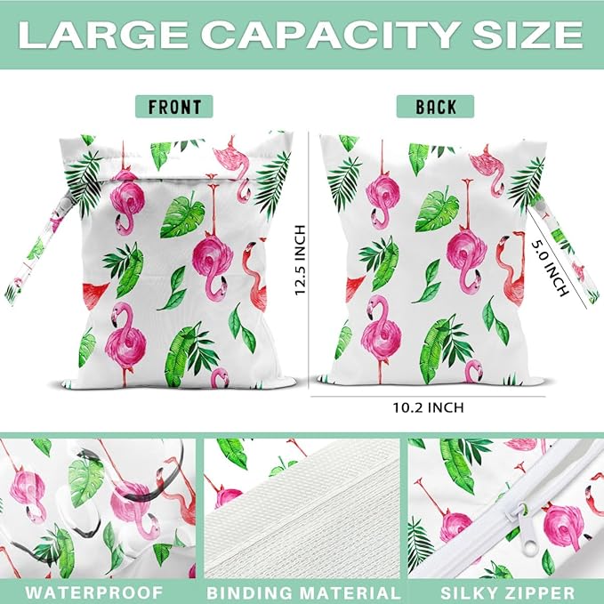 2PCS Reusable Waterproof Wet Bags, Flamingo & Tropical Plant Printed Wet Dry Bag, Leakproof Organizer for Travel Diaper Swim Items
